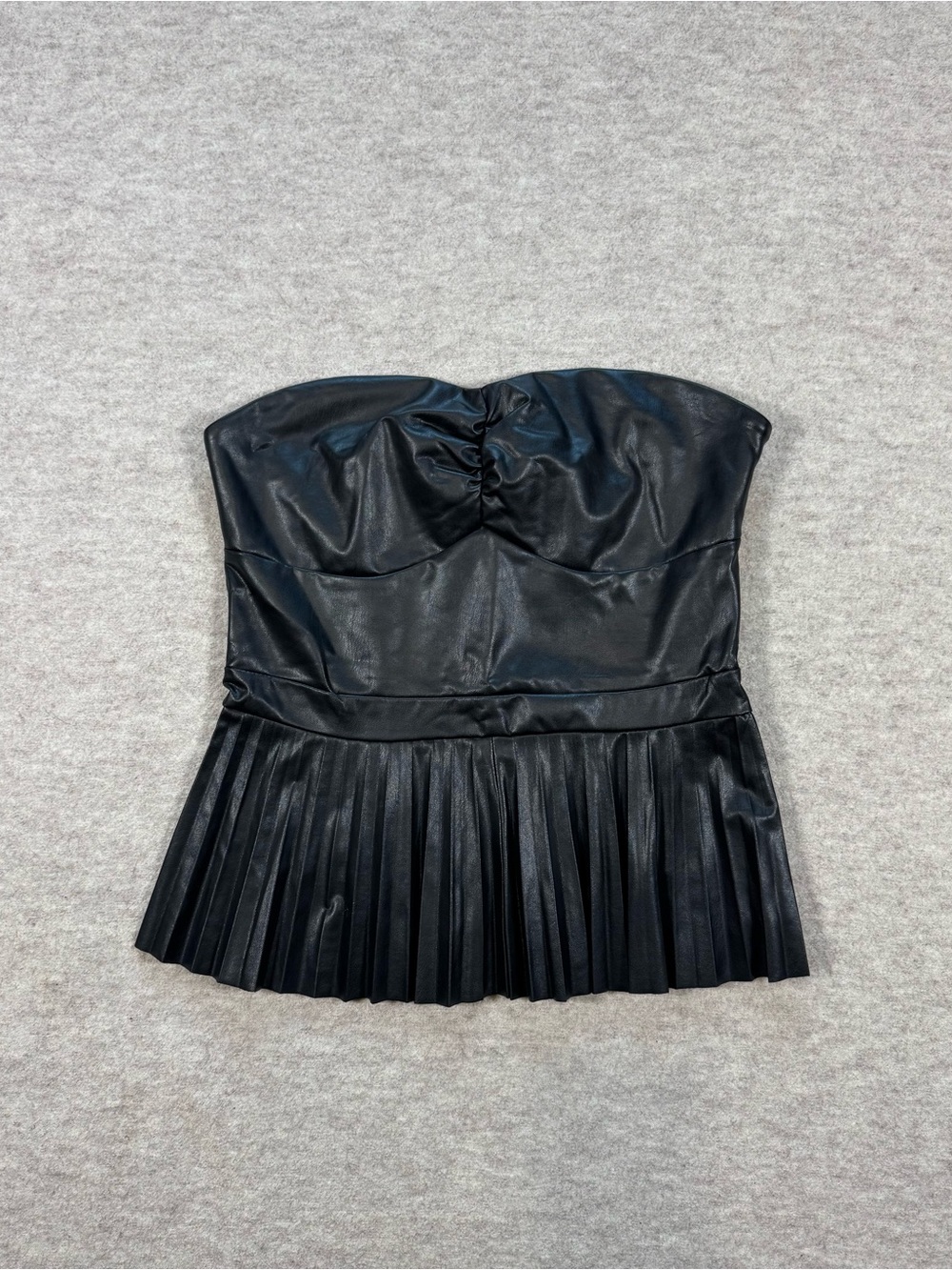 Women's Black Strapless Pleated Faux-Leather Top